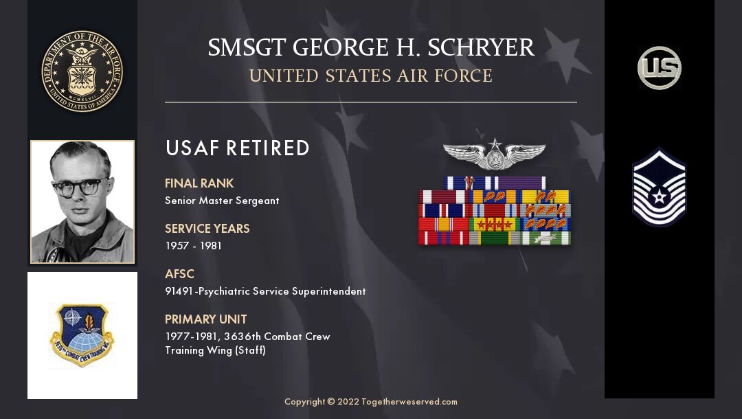 Service Reflections of SMSgt George H. Schryer, U.S. Air Force (1957-1981)
