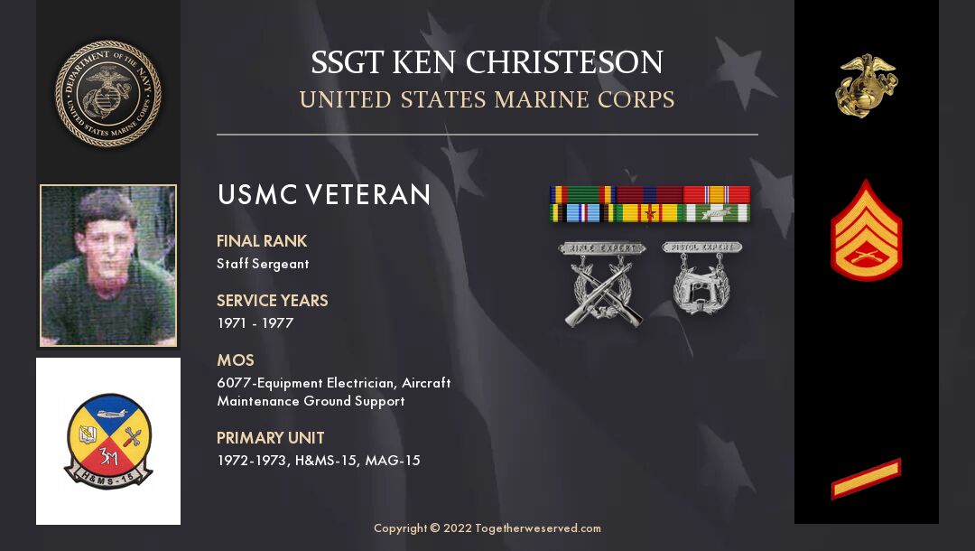 Service Reflections of SSGT Ken Christeson, U.S. Marine Corps (1971-1977)