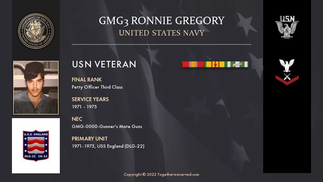 Service Reflections of GMG3 Ronnie Gregory, U.S. Navy (1971-1975)
