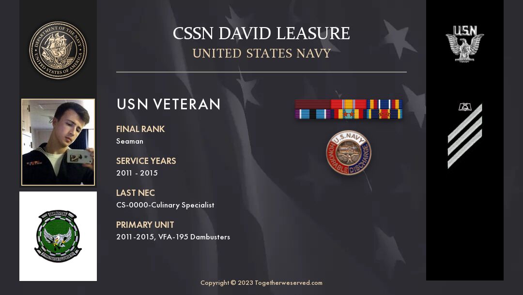 Service Reflections of CSSN David Leasure, U.S. Navy (2011-2015)