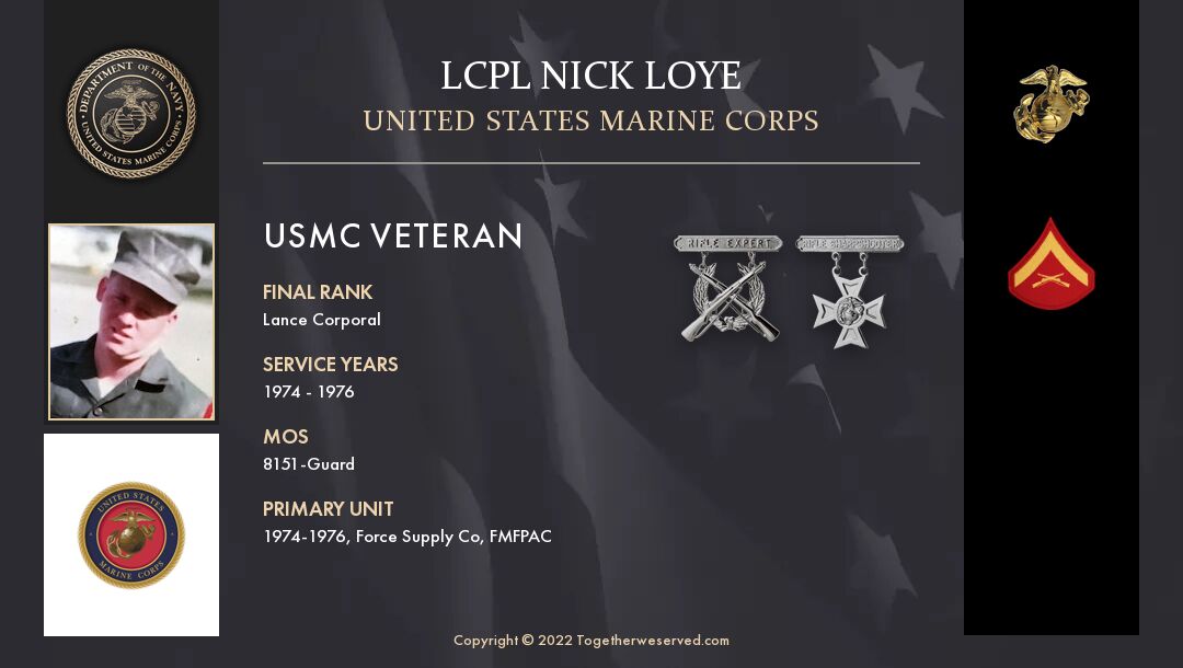 Service Reflections of LCPL Nick Loye, U.S. Marine Corps (1974-1976)